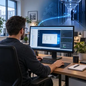 Un informaticien contrôle un serveur à distance depuis son ordinateur, avec une liaison illustrée vers une salle de serveurs.